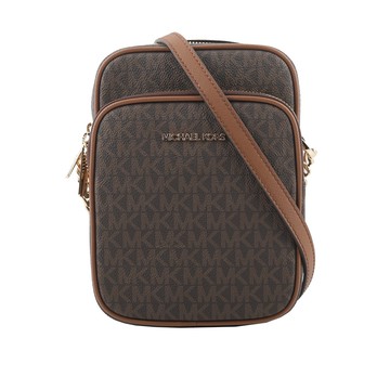 Michael Kors 金字滿版塗層帆布拉鍊中款直式斜背包/咖啡色