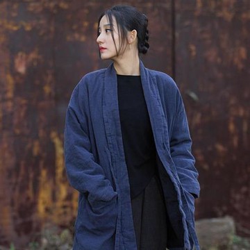 【米蘭精品】棉麻外套休閒大衣-苧麻炒色夾棉加厚中長女外套2色74in4