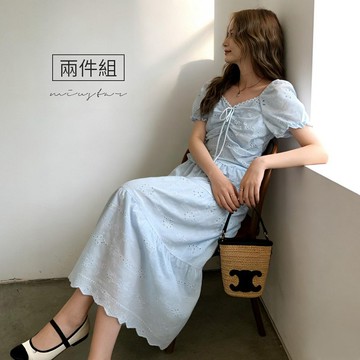 現貨★兩件套！短版抽繩綁帶鏤空刺繡上衣+高腰拼接傘狀長裙(共2色)0324 【NS0048】