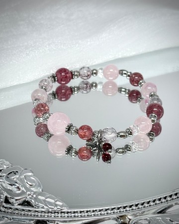 粉櫻草莓花圈水晶手鍊 - 醫療鋼/粉晶/草莓晶/草莓超七/薔薇輝石