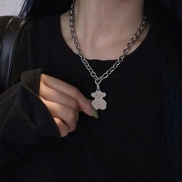現貨-韓國ins嘻哈不銹鋼粗鏈小熊吊墜項鍊土酷少女蹦迪學生網紅配飾潮-D89