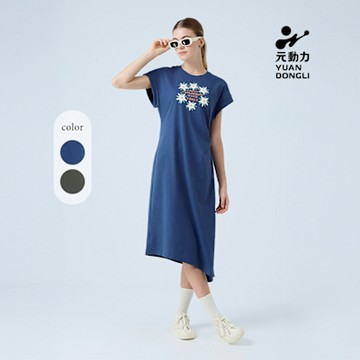 元動力 獨家設計花圈膠印休閒洋裝(兩色；S-XL)