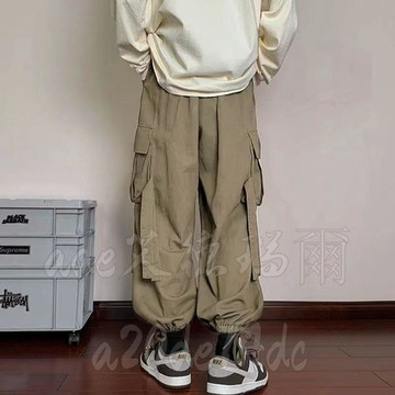 美式工裝褲男 春夏港風潮流寬鬆抽繩束腳褲 潮牌高街運動休閒長褲子 多口袋 彈性工作褲 透氣工作褲 多口袋工作褲