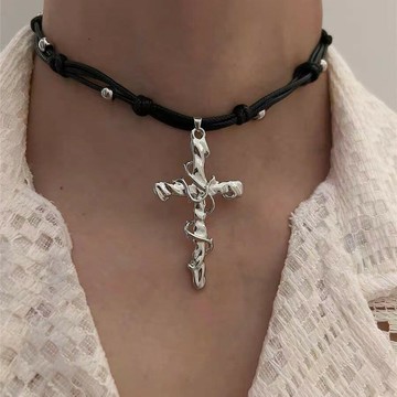 【台灣公司 可打統編】免運 歐美藤蔓纏繞十字架吊墜項鏈女時尚簡約皮質打結設計個性頸鏈飾品 可開發票 全館五折 工廠現貨直銷 新品特價 z9211
