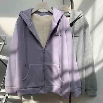 加厚羊羔毛外套女連帽冬慵懶風寬松顯瘦刺繡字母加絨拉鏈開衫衛衣