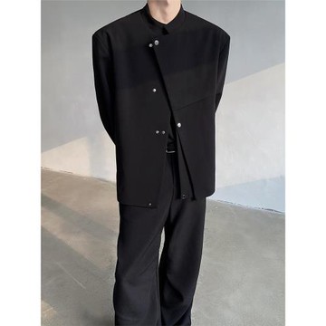 TANGZ STUDIO黑色新中式立領西裝外套男高級感中山裝墊肩廓形西服