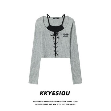 KKyesiou辣妹bm風假兩件掛脖短款上衣女正肩肚兜學院休閑針織毛衣