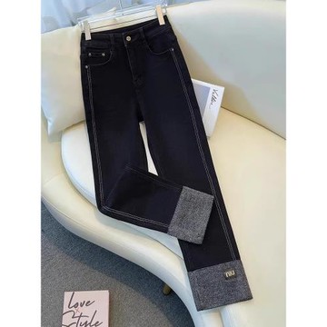 煙管牛仔褲女秋季2025新款高腰翻邊拼接小個子九分爆款顯瘦直筒褲