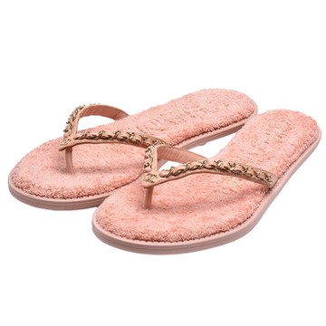 CHANEL香奈兒 經典金色雙C LOGO鍊帶裝飾毛毛夾腳拖鞋(粉紅色_展示品)