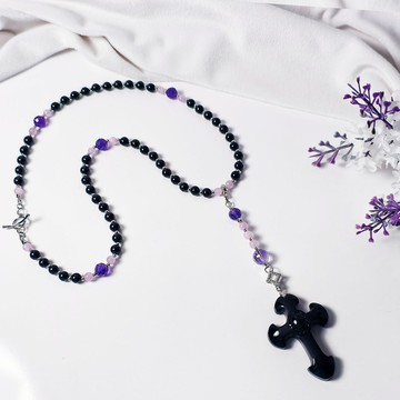 頂級黑曜石 黑碧璽 紫水晶 玫瑰念珠 天主聖物 十字架項鍊 禮物