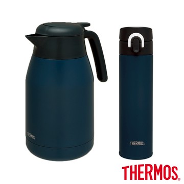 【THERMOS膳魔師】不鏽鋼黛藍按壓式保溫壺1500ml+保溫瓶400ml(THS-1501+JNI-401)(組合)