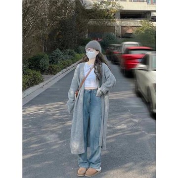 灰色針織開衫女秋裝2025年新款慵懶風寬松中長款過膝毛衣外套