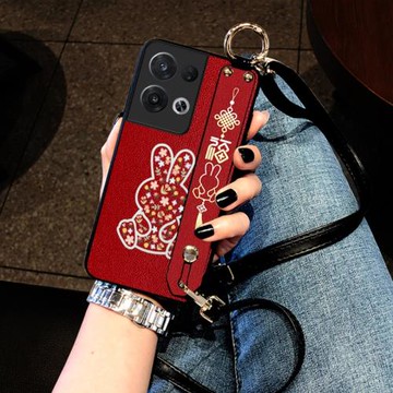 Icool適用于OPPO RENO8pro+手機殼reno6pro保護套reno7se外殼reno9皮質感腕帶款碎花兔斜挎掛繩潮時尚網紅5G