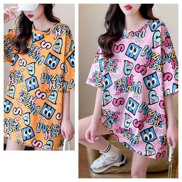 買1送1 兩件組 韓風時尚怪獸字母大尺碼寬鬆五分袖上衣 (中大尺碼 大學Ｔ 上衣 五分袖)
