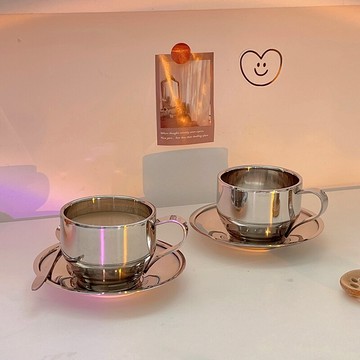 不銹鋼咖啡杯套裝早餐牛奶杯銀色碟子復古風金屬水杯一套