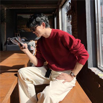 (免運)圓領本命年紅色毛衣男春秋款韓版高級感休閑慵懶風針織衫百搭線衣