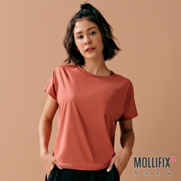 Mollifix 瑪莉菲絲 垂墜感圓領短袖上衣 (紅棕)