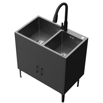 免運 開發票 洗手盆 一體盆 家用廚房不銹鋼實木水槽柜出租房單雙槽洗碗池簡易洗菜盆一體柜子 快速出貨 快速出貨