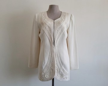 復古奶油色刺繡外套，無領西裝外套，裝飾羅紋緞帶，XS