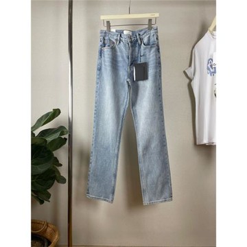 經典款美式高腰窄版小直筒牛仔褲女寬松顯瘦淺藍色長褲子無彈性