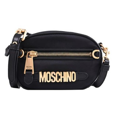 MOSCHINO 金屬LOGO輕量尼龍迷你斜背包/相機包.黑