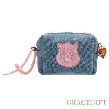 【Grace Gift】Care Bears-樂觀小熊電繡格紋吊飾零錢包 深藍