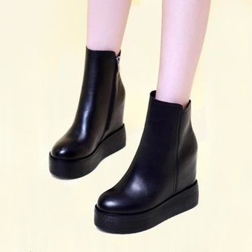 厚底內增高短靴女坡跟2025年秋冬新款11cm高跟真皮馬丁靴春秋單靴