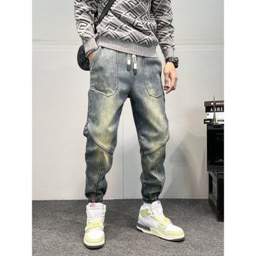 高街做舊牛仔褲男士秋冬新款哈倫褲子痞帥潮牌水洗彈力束腳九分褲