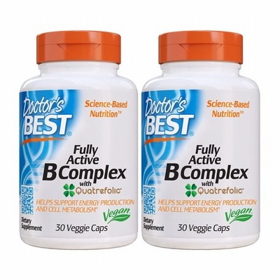 プーリーアクティブビタミンBコンプレックスウィード葉酸、30ベジカプセル　2個セット Fully Active B Complex with Quatrefolic, 30 Veg Capsules