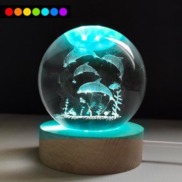 【All Splendid】水晶球燈 海底世界 海豚 3D雕刻 發光水晶球 小夜燈 LED燈 聖誕節 情人節 交換禮物