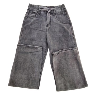 顯瘦錯位交叉直筒牛仔寬褲  S  深灰色