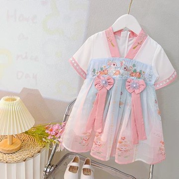 漢服女童民族風連衣裙雪紡夏裝小女孩公主裙寶寶兒童夏季玉兔裙子