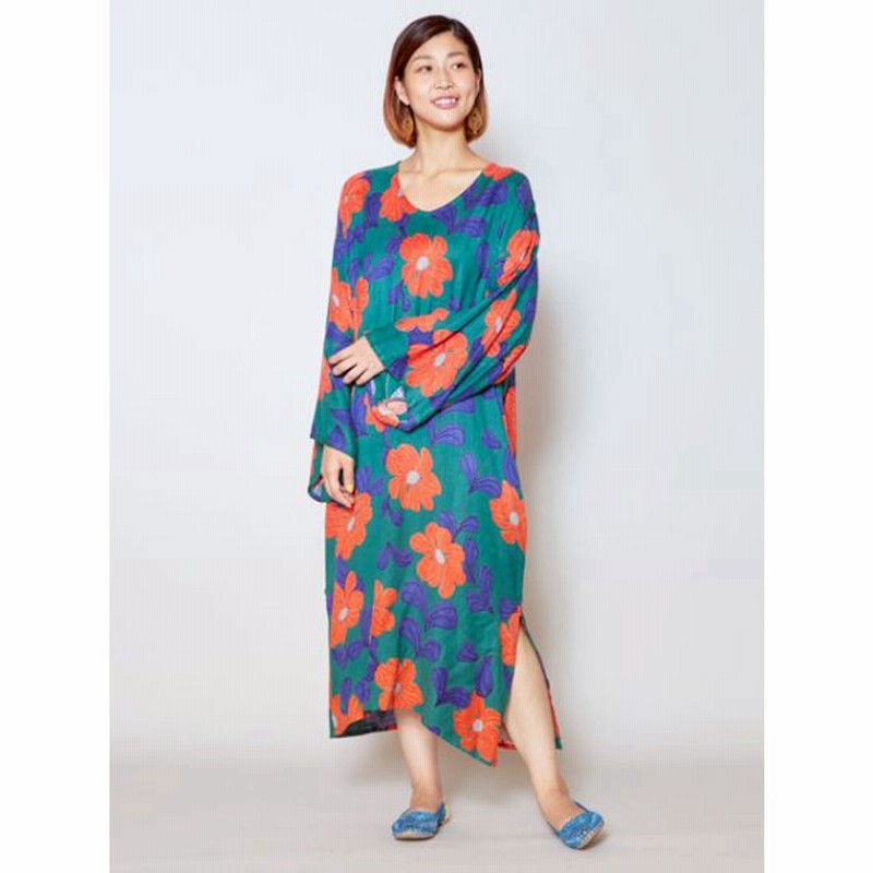 チャイハネ レトロモダン花柄プリントロングワンピース グリーン 通販 Lineポイント最大get Lineショッピング