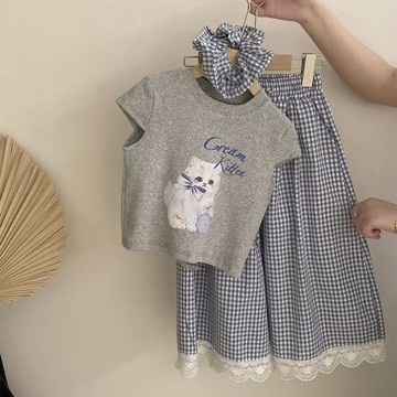 Healthy baby 中大童夏裝洋氣套裝夏季兒童薄款闊腿褲女童爆款短袖兩件套潮 女童套装 儿童套装 短袖