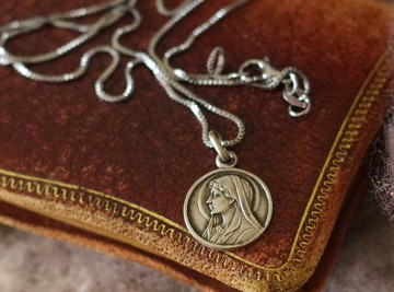 古董法國聖母信仰教堂十字架耶穌基督銀色雙面項鍊 N627