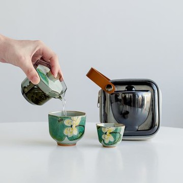 冰片釉純手繪荷花夏季八角旅行茶具套裝玻璃戶外便攜式快客杯陶瓷