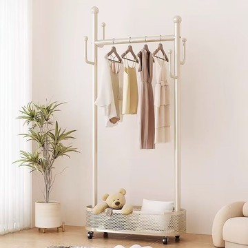 免運 吊衣架 衣帽架落地臥室衣服掛架可移動式帶輪奶油風鐵藝衣架臟衣簍掛衣架