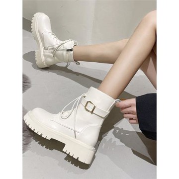 新款馬丁靴女中筒顯腿細英倫風百搭機車靴厚底側拉鏈單靴