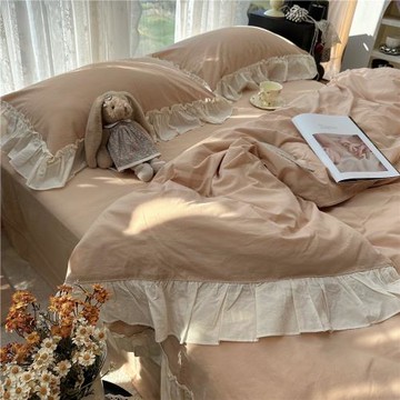 蝸牛實拍 ins奶油風四件套純棉全棉公主風花邊輕法式被套床單床笠