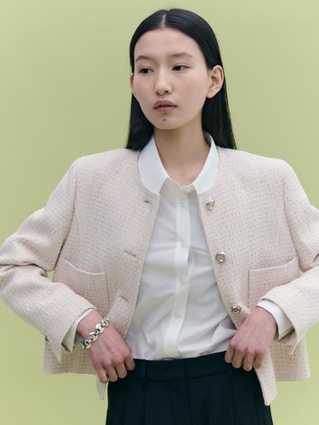 [Tweed] No-collar Stitch Tweed Jacket- 2 Color