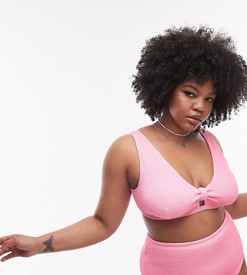 Topshop Curve high waist bikini bottoms in pink crinkle