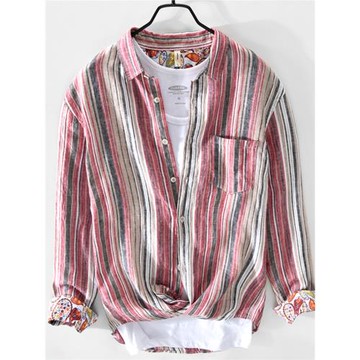 亞麻條紋撞色襯衫男夏季痞帥潮流長袖上衣潮寬松港風日系棉麻襯衣