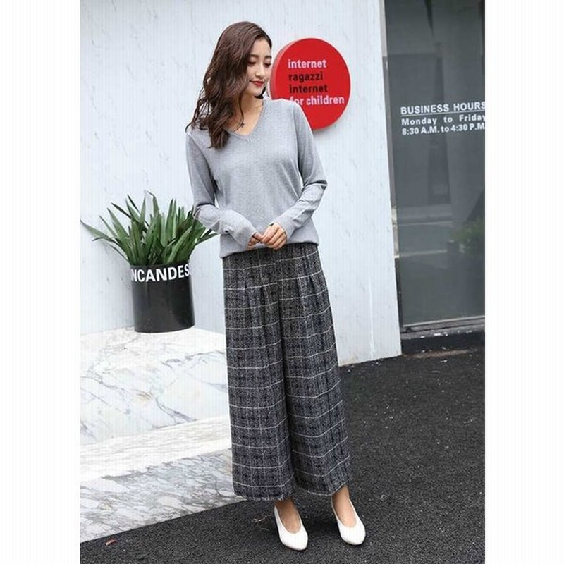 レディース 韓国ファッション ボトムス ワイドレッグ パンツ 無地 チェック オフコーデ Off オフィス デート 学生 グレー ブラック S M L Xl 通販 Lineポイント最大0 5 Get Lineショッピング