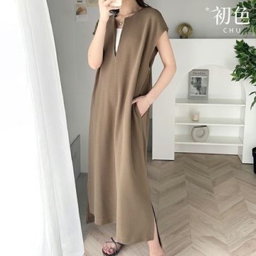 初色 純色簡約直筒開領V領無袖連身裙長裙連衣洋裝-共2色-38313(M/L可選)
