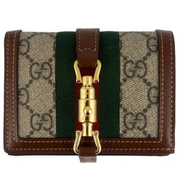 GUCCI 古馳  Jackie 帆布咖啡色皮邊名片式短夾