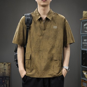【臺灣出貨】夏季潮牌速幹polo衫男士 拉鍊短袖T恤 寬鬆大碼美式工裝半袖 大尺碼透氣衫