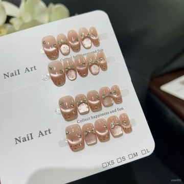 ➕最新設計款穿戴甲💅【豹紋韆金】溫柔甜心冰透粉嫩氛圍感僊氣貓眼蝴蝶結手工穿戴美甲短方穿戴甲 AFAF