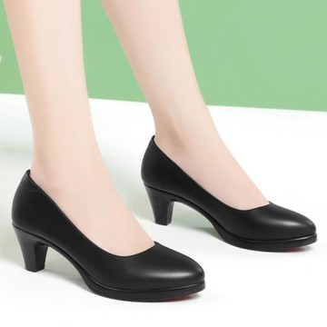 工作鞋女黑色真皮中跟職業空姐工裝女鞋軟底粗跟圓頭淺口面試單鞋