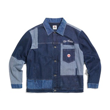 江戶勝 日系 男裝 拼接布紋口袋印花牛仔外套(中古藍) #外套