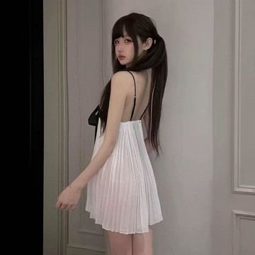 DUYI~夢詩 睡裙女甜馨絮語性感純欲風蝴蝶結褶皺感吊帶睡裙甜美顯白露背居家